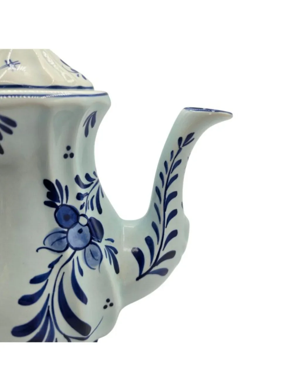 Hand-Painted Delft Blue Ceramic Teapot Lid Floral Design Holland Vintage Decor